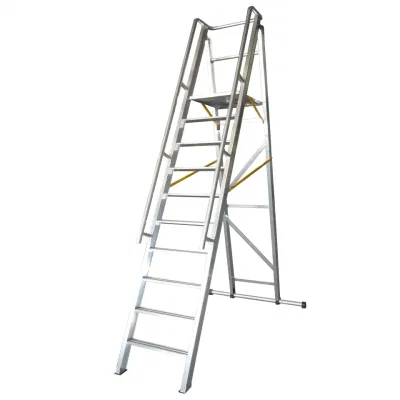 EN 131 10 Step 2.5m Aluminum Foldable Platform Ladder with Wheels